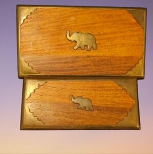📣Vintage Handmade Wood  Brass Inlay Jewelry 💍 Stash  Deco Box Brass 🐘 🎁🍀